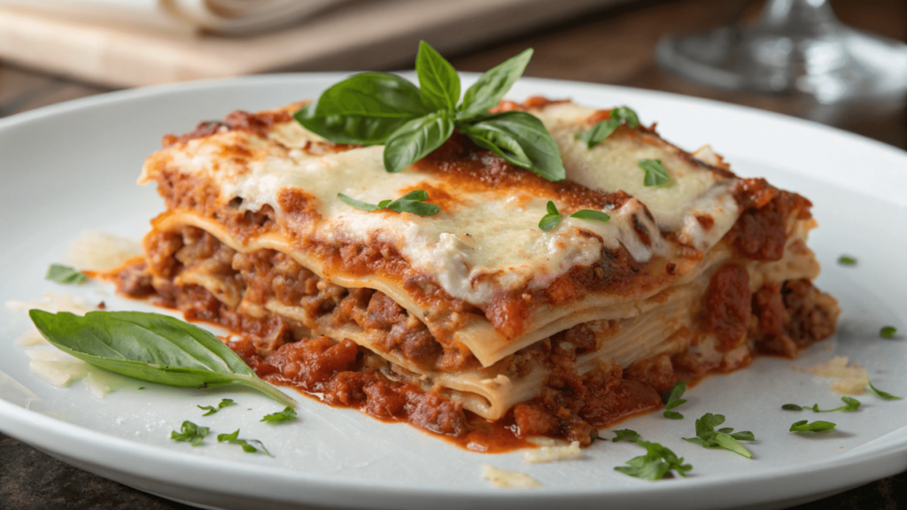 A single serving of Ronzoni lasagna on a white plate with visible layers of pasta, meat sauce, and cheese, topped with fresh basil