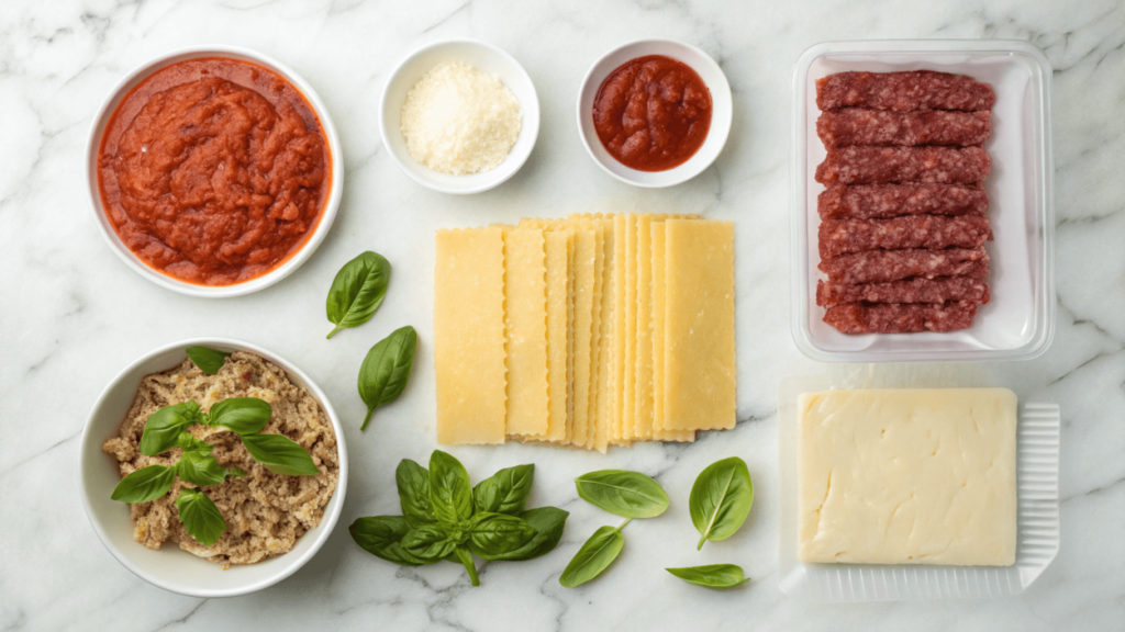 "Fresh ingredients for Ronzoni lasagna laid out, including pasta, cheeses, basil, marinara, and ground beef