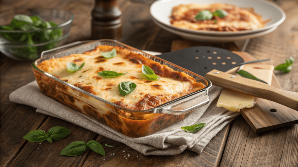 Golden and bubbly Ronzoni lasagna in a glass baking dish with a spatula and fresh basil leaves
