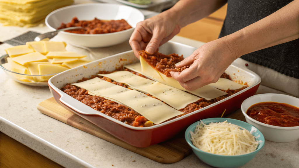 Hands layering Ronzoni lasagna noodles over meat sauce in a baking dish, surrounded by bowls of ricotta and mozzarella