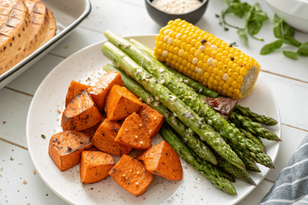 Fresh roasted sweet potatoes, grilled corn, and steamed asparagus arranged on a white plate, perfect sides for barbecue chicken