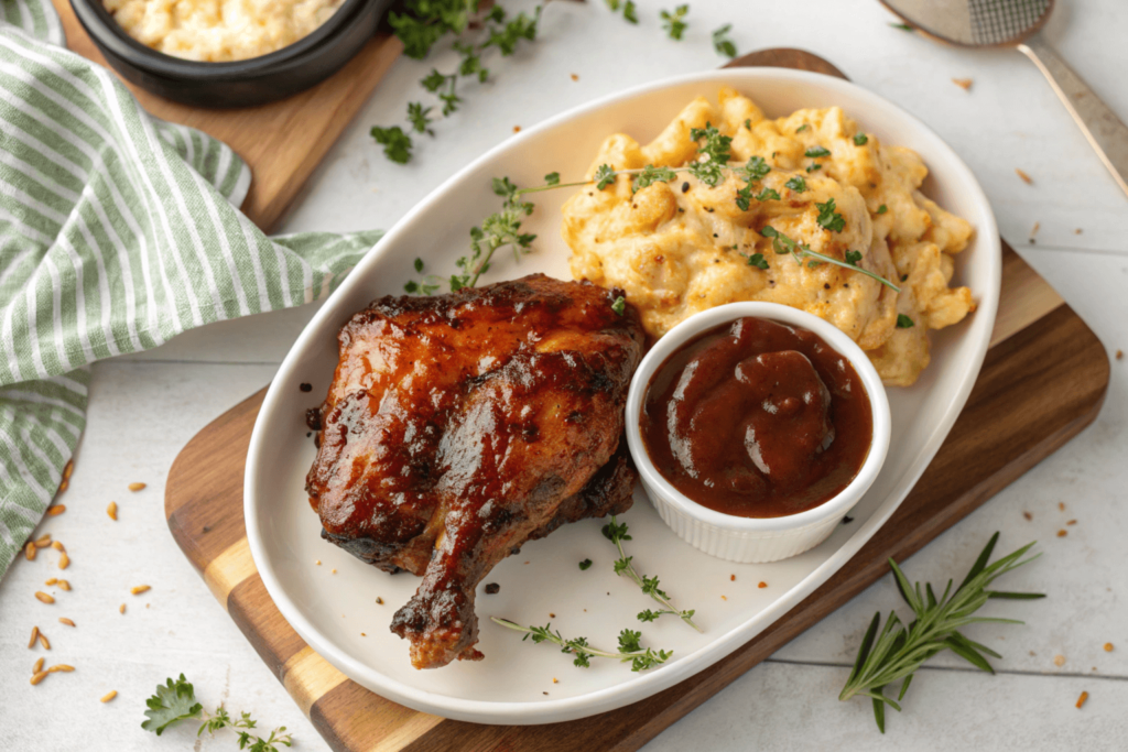 BBQ chicken thigh with creamy mac and cheese, served with extra BBQ sauce, garnished with fresh herbs