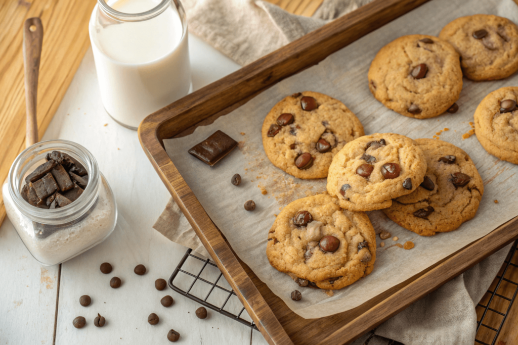 Freshly baked chocolate chip cookies on a rustic tray with melty chocolate and a jar of milk nearby.