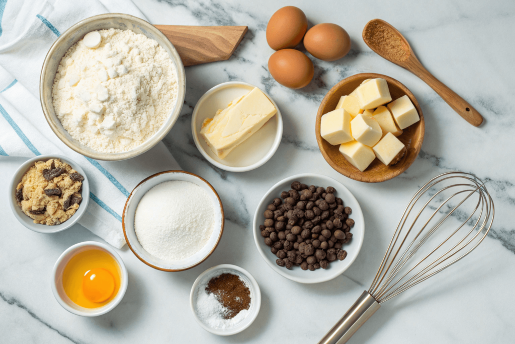 Ingredients for baking cookies, including flour, sugar, eggs, butter, and chocolate chips, arranged on a marble surface.