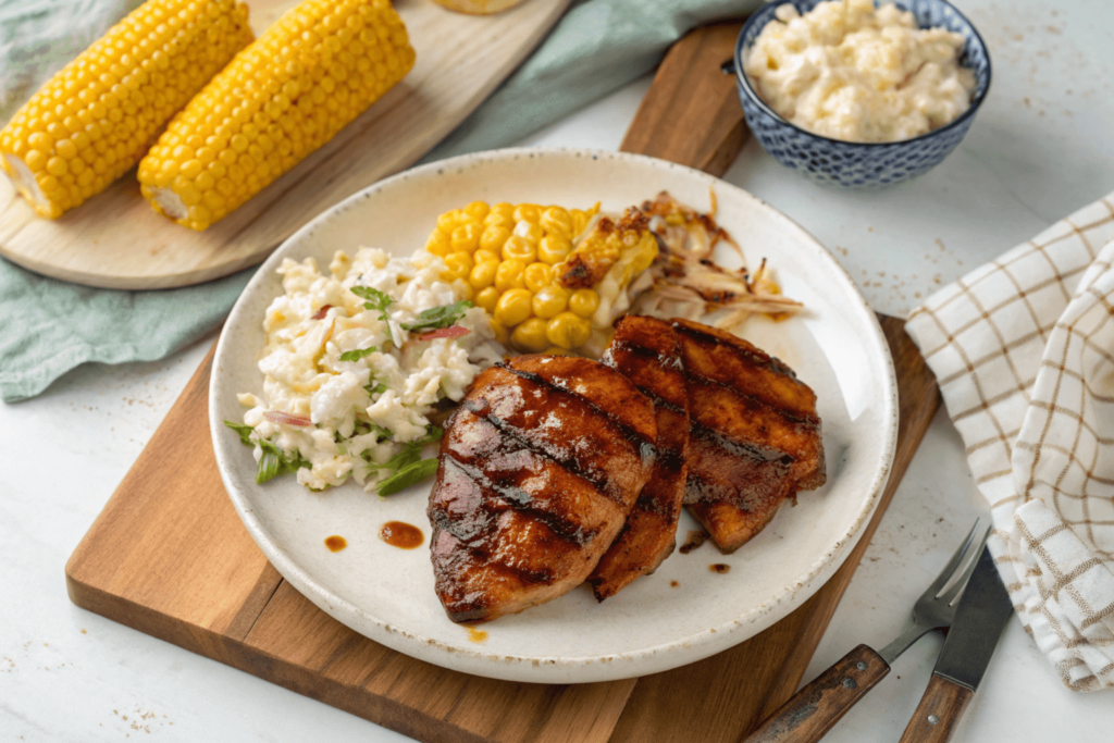 Plated BBQ chicken with mac and cheese, coleslaw, and grilled corn on a rustic wooden table, showcasing a delicious and inviting summer dinner