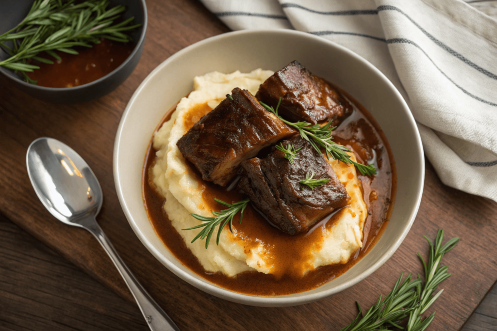 Braised short ribs served with mashed potatoes, garnished with rosemary, and surrounded by rich, savory sauce.