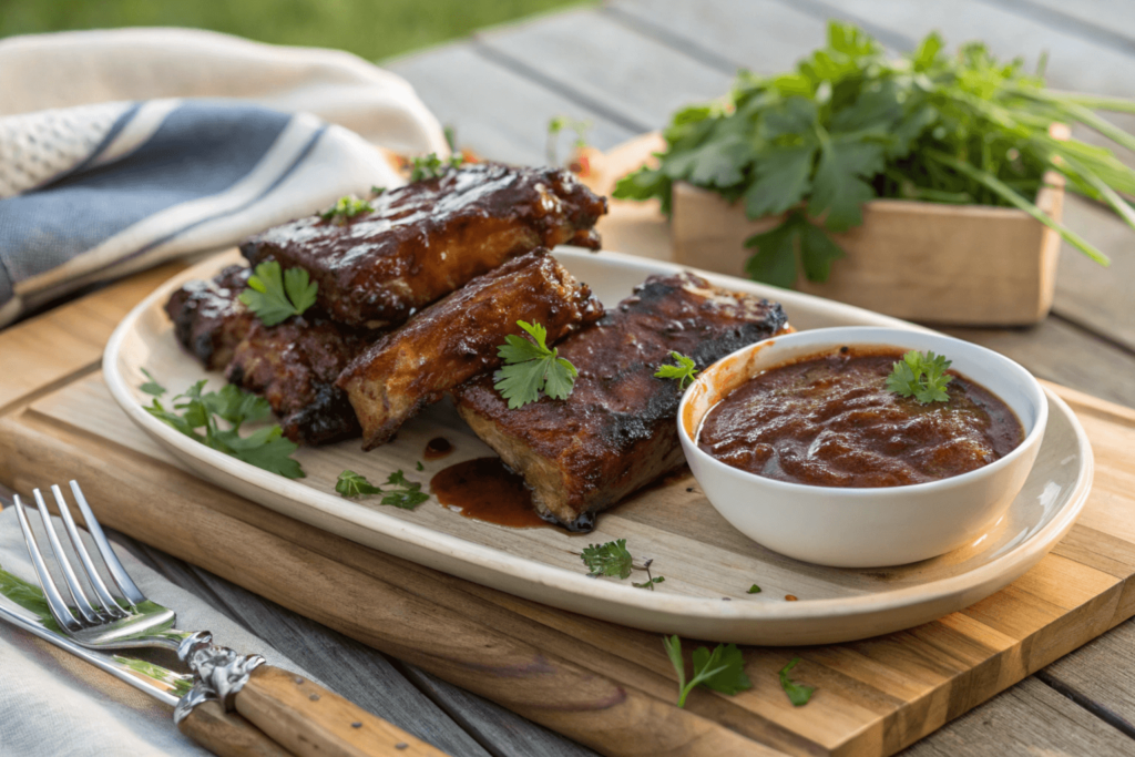 Grilled country-style beef ribs with BBQ sauce, served on a wooden cutting board with fresh parsley garnish.
